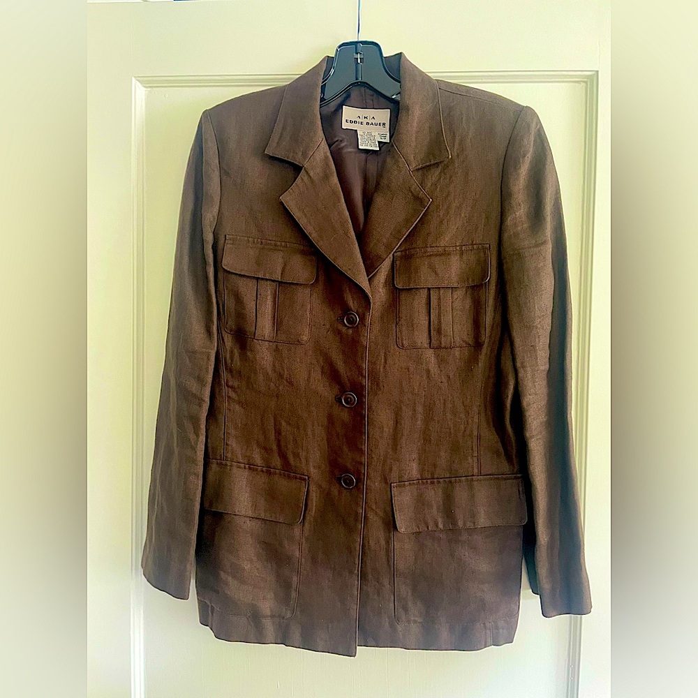 Brown Linen 'safari' style blazer, sz S. Vintage 80's/90's. Better than photos!